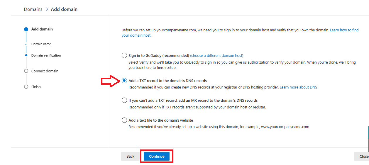 Add a txt record to the domain DNS records