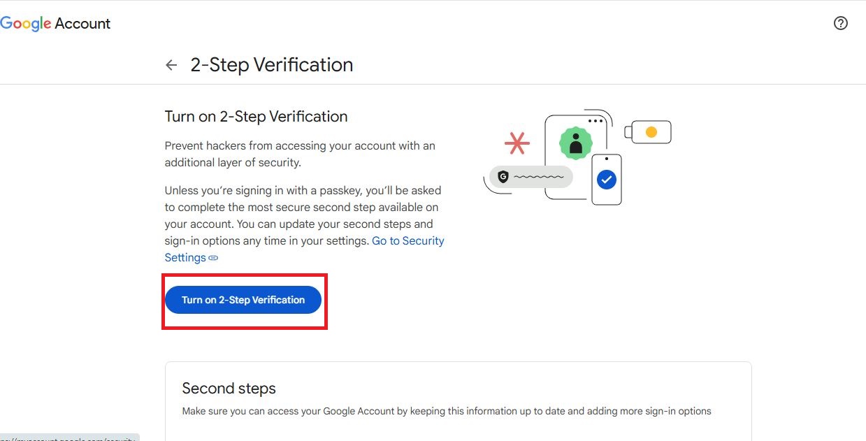 click on turn on 2-step verification to create app passwords