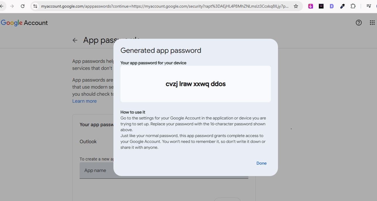 copy the generate app passwords